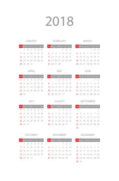 Simple calendar for 2018 year. Week starts from Sunday. Flat vector illustrat Stock Illustration