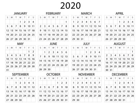 Simple calendar Layout for 2020. Vector Stock Illustration