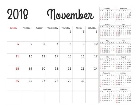 Simple calendar planner for 2018 year. Vector design November template. Set of Stock Illustration
