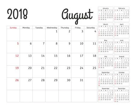 Simple calendar planner for 2018 year. Vector design August template. Set of 12 Stock Illustration