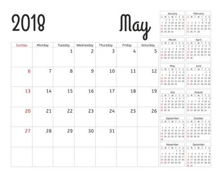 Simple calendar planner for 2018 year. Vector design May template. Set of 12 Stock Illustration
