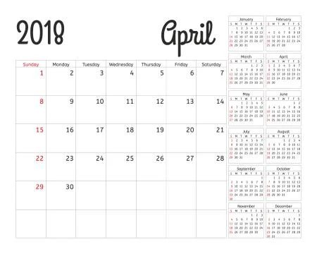 Simple calendar planner for 2018 year. Vector design April template. Set of 12 Stockillustratie