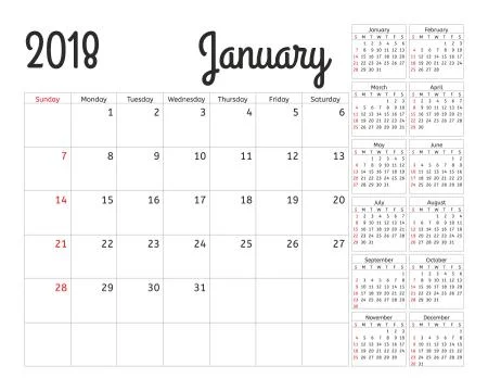 Simple calendar planner for 2018 year. Vector design January template. Set of 12 Stock Illustration