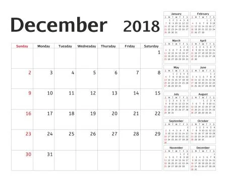 Simple calendar planner for 2018 year. Vector design December template. Set of Stock Illustration