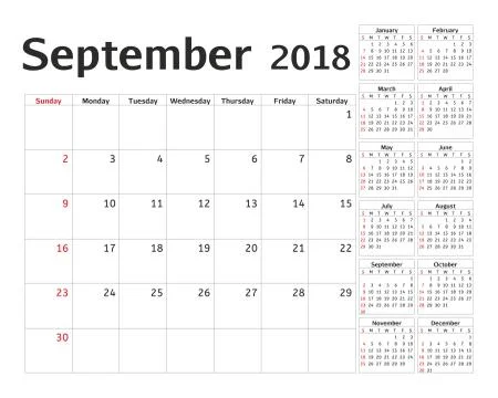 Simple calendar planner for 2018 year. Vector design September template. Set of Stock Illustration
