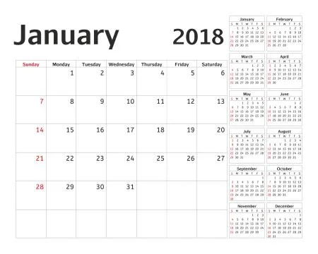 Simple calendar planner for 2018 year. Vector design January template. Set of 12 Stockillustratie