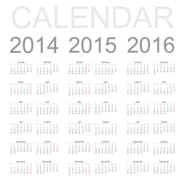 Simple calendar year 2014, 2015, 2016, vector Illustrazione stock