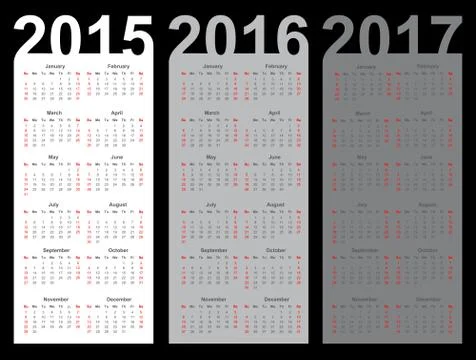 Simple calendar year 2015, 2016, 2017 Stock Illustration