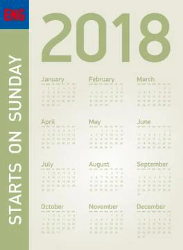 Simple Calendar for year 2018, in vector format. Week starts on Sunday. Stock Illustration