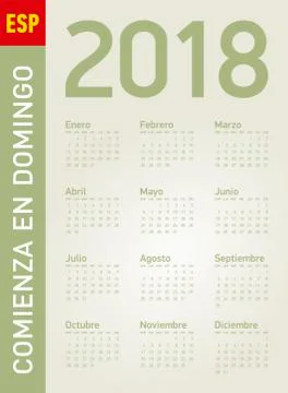 Simple Calendar for year 2018, in vectors. In Spanish. Week starts on Sunday. Stock Illustration