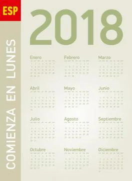 Simple Calendar for year 2018, in vectors. In Spanish. Week starts on Monday. Stock Illustration