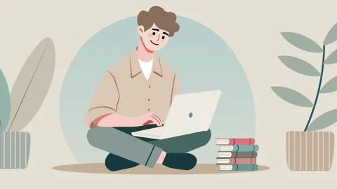 Simple Calm Animation of a Smiling man sitting cross-legged while working o.. Stock Footage 304774926