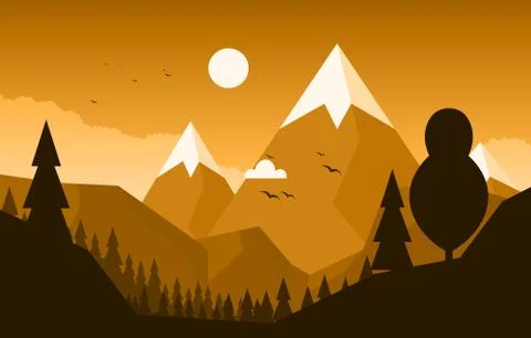 Simple Calm Mountain Forest Wild Nature Scene Landscape Monochrome Illustrati Stock Illustration