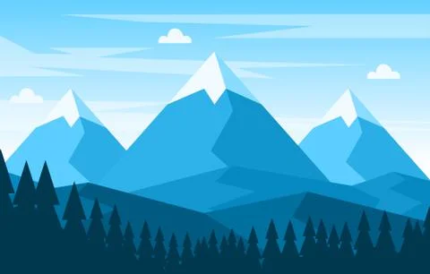 Simple Calm Mountain Forest Wild Nature Scene Landscape Monochrome Illustrati 스톡 일러스트