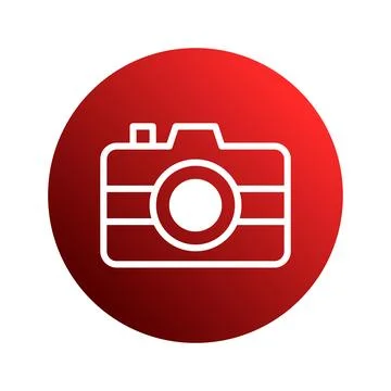 Simple camera outline icon displayed on a red circular background photograp.. Stock Illustration