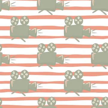 Simple camera silhouettes seamless pattern. White and oral stripped backgound Stock Illustration