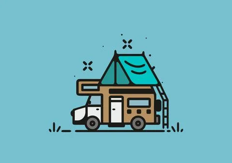 Simple camper van camping illustration Stock Illustration