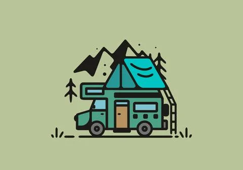Simple camper van camping illustration Stock Illustration