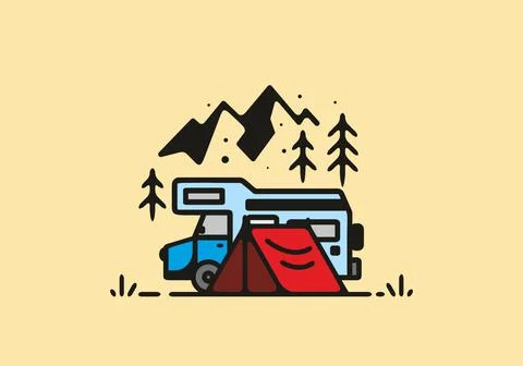 Simple camper van camping illustration Stock Illustration