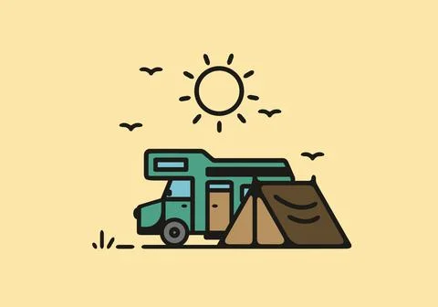 Simple camper van camping illustration Stock Illustration