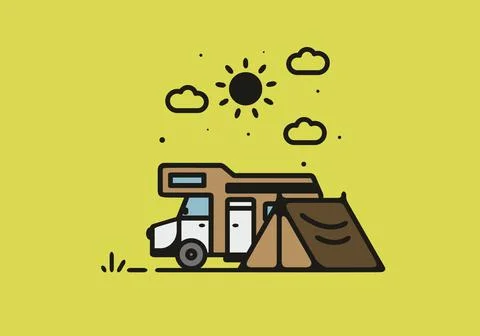 Simple camper van camping illustration Stock Illustration