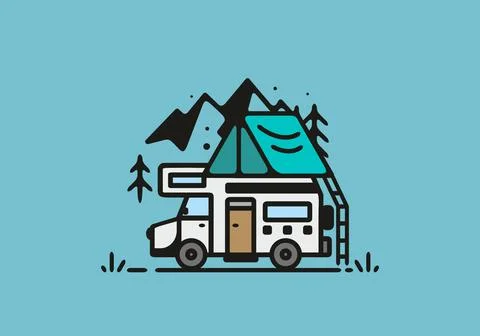 Simple camper van camping illustration Stock Illustration