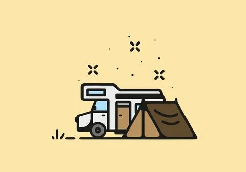 Simple camper van camping illustration Stock Illustration