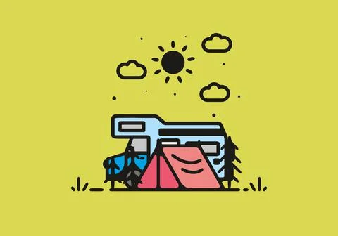 Simple camper van camping illustration Stock Illustration