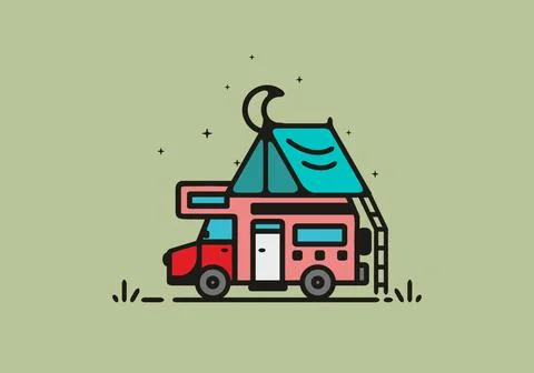 Simple camper van camping illustration Stock Illustration