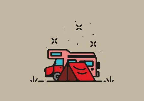 Simple camper van camping illustration Stock Illustration