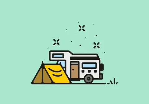 Simple camper van camping illustration Stock Illustration