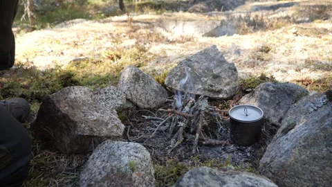 Simple Campfire Setup Among Rocks in Forest Clearing 库存影片 333580983