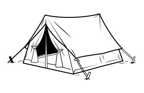 Simple camping tent pitched on grassy ground with stakes Stock Illustration