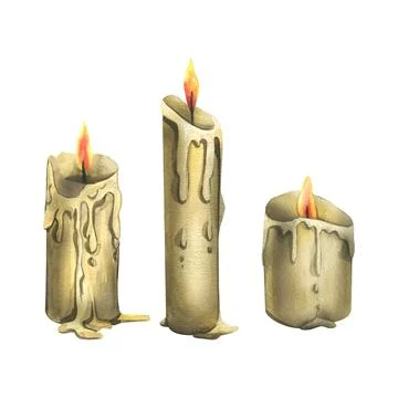 A simple candles with a burning flame, drops and smudges of wax. Hand drawn Stock Illustration