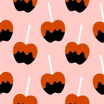 Simple caramel apple hand drawn Halloween seamless pattern on pink background Stock Illustration