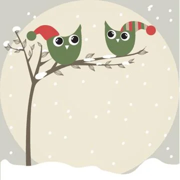 Simple card illustration of two funny cartoon owls with christmas hats on a Stock Illustration