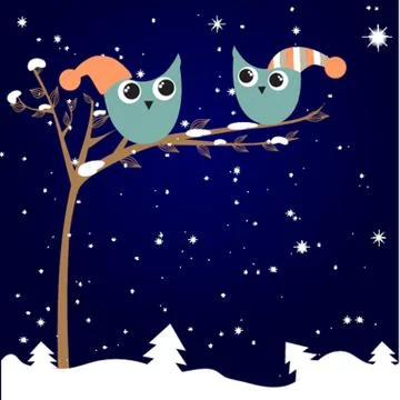 Simple card illustration of two funny cartoon owls with christmas hats on a 스톡 일러스트
