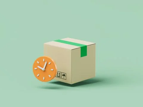 Simple cartoon delivery box with clock mark 3d render illustration. Stock Illustration