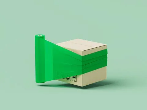 Simple cartoon delivery box packing with green adhesive tape 3d render illust Illustrazione stock