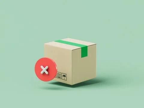 Simple cartoon delivery box with red error mark 3d render illustration. Stock Illustration