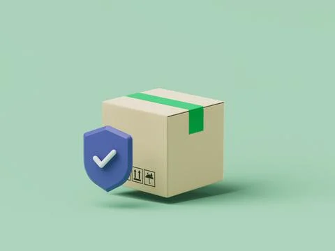 Simple cartoon delivery box with shield mark 3d render illustration. Stock Illustration
