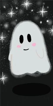 Simple cartoon flat hand drawn ghost with cute smile. Spooky Halloween symb.. Stock Illustration
