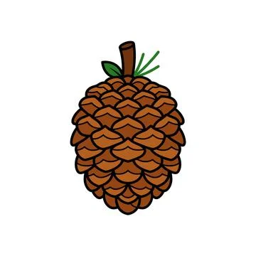 A simple cartoon illustration of a brown pine cone with green leaves and a br イラスト素材