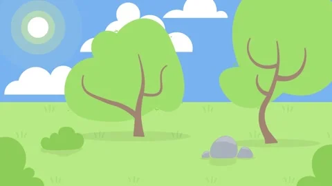 Simple cartoon landscape with trees and clouds nature Stock Footage 340471483