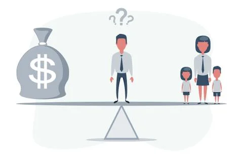 Simple cartoon of a man standing on a scale between dollar symbol and his family Stock Illustration