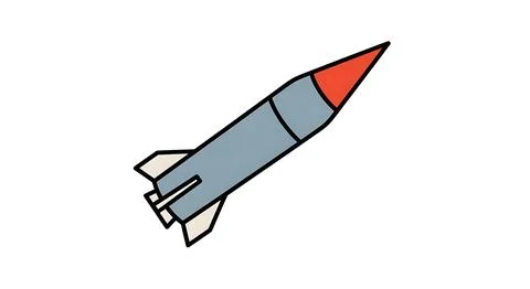 Simple cartoon missile, angled trajectory, pointed red nose cone, grey body.. Stock Illustration