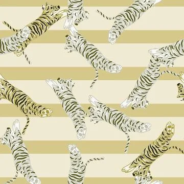 Simple cartoon seamless pattern with random tigers shapes. Beige striped back Illustrazione stock