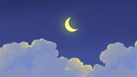 Simple cartoon sky and cloud animation with crescent moon Stock Footage 323484887