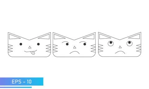 Simple cat or tiger face in linear style with emotions, fanny, jealous, thinks Stock Illustration