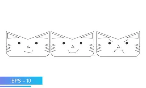 Simple cat or tiger face in linear style with emotions, smile, vampire, angry Stock Illustration